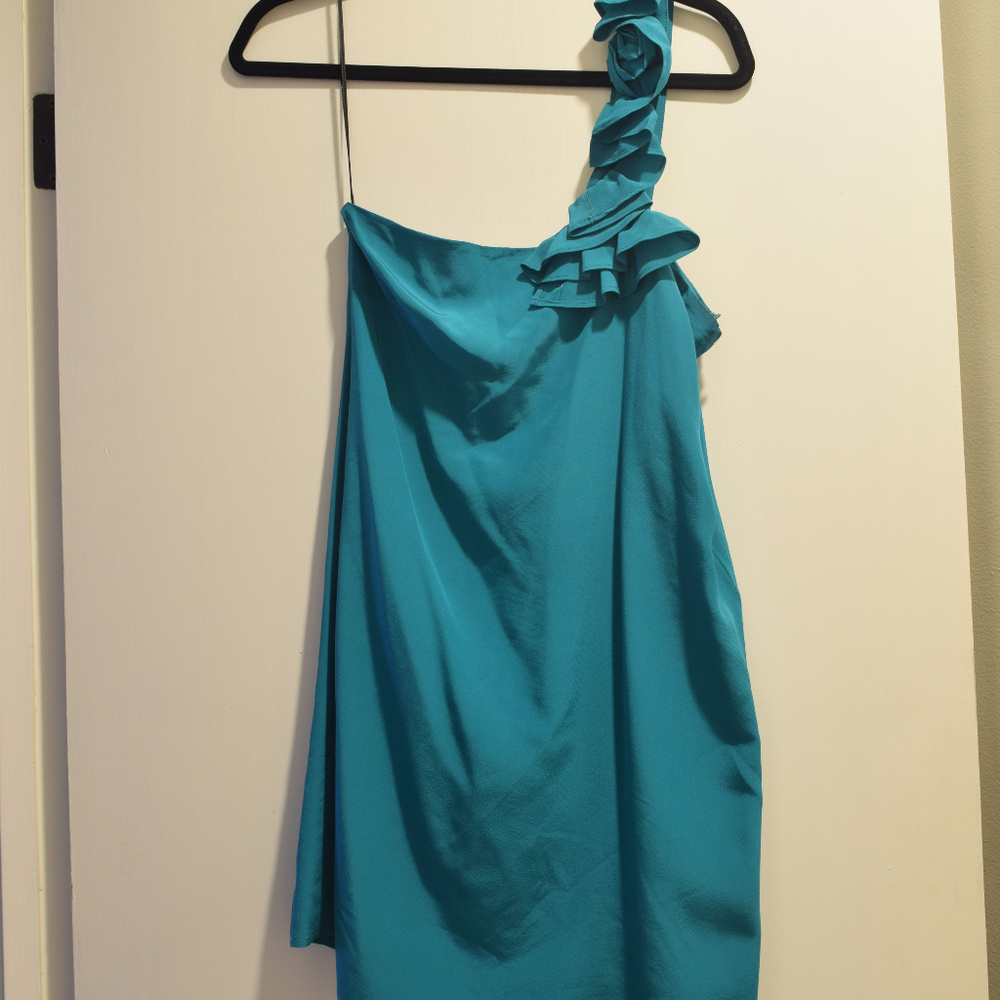 Yumi Kim One Shoulder Ruffle Teal Dress